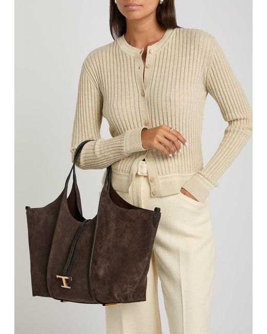 Tod's Brown T-Plaque Suede Tote