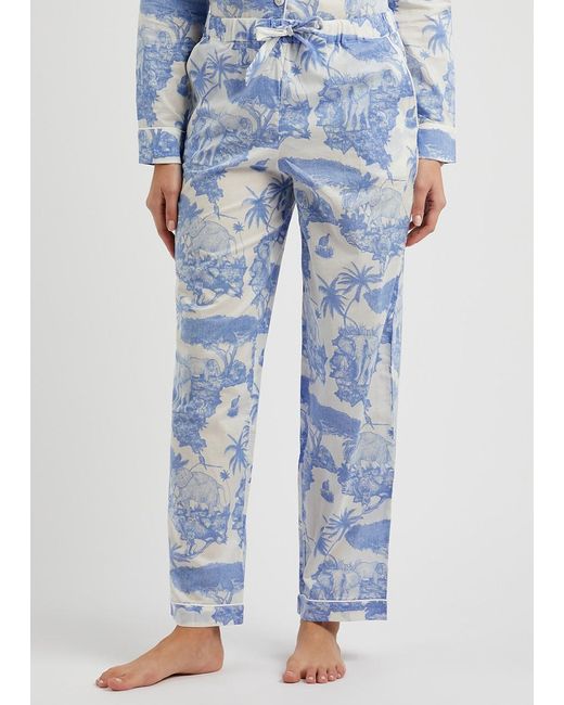 Desmond & Dempsey Blue Loxodonta Printed Cotton Pyjama Set
