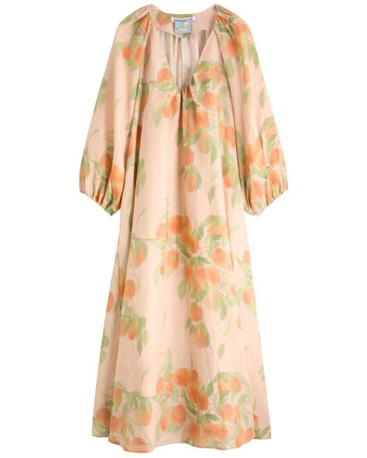 BERNADETTE Natural Georgette Printed Linen Midi Dress