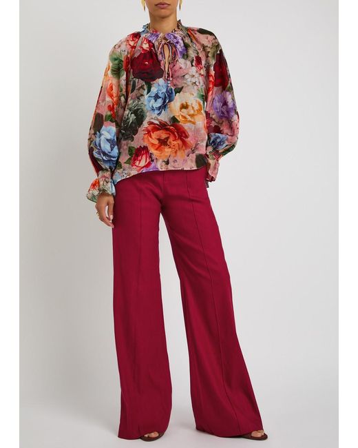 Alice + Olivia Red Dylan Linen-Blend Wide-Leg Trousers