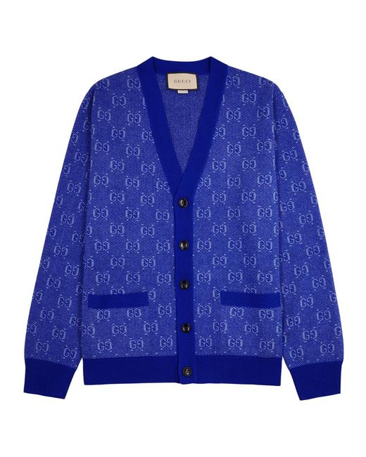 Gucci Blue gg-monogram Intarsia Wool Cardigan for men