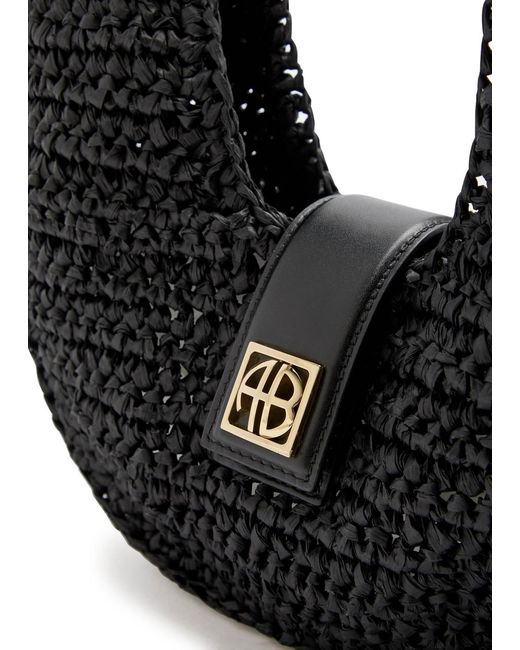 Anine Bing Black Lou Raffia Crescent Shoulder Bag