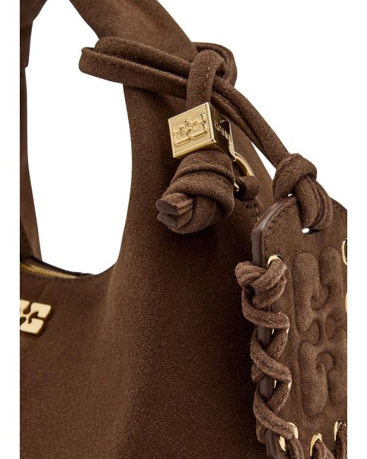 Ganni Brown Hobo Mini Logo Suede Top Handle Bag