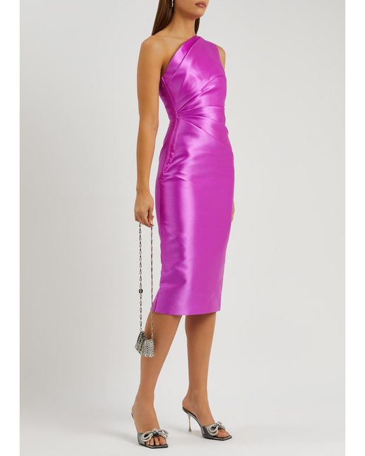 Solace London Pink Orla One-shoulder Satin Midi Dress