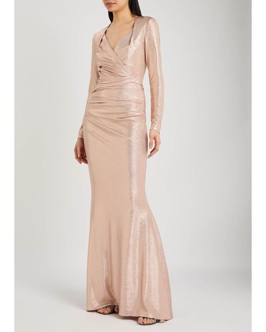 Talbot Runhof Natural Wrap-Effect Lamé Gown