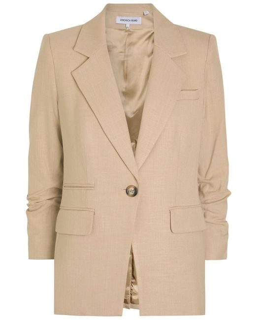 Veronica Beard Natural Battista Gathered-Sleeve Woven Blazer
