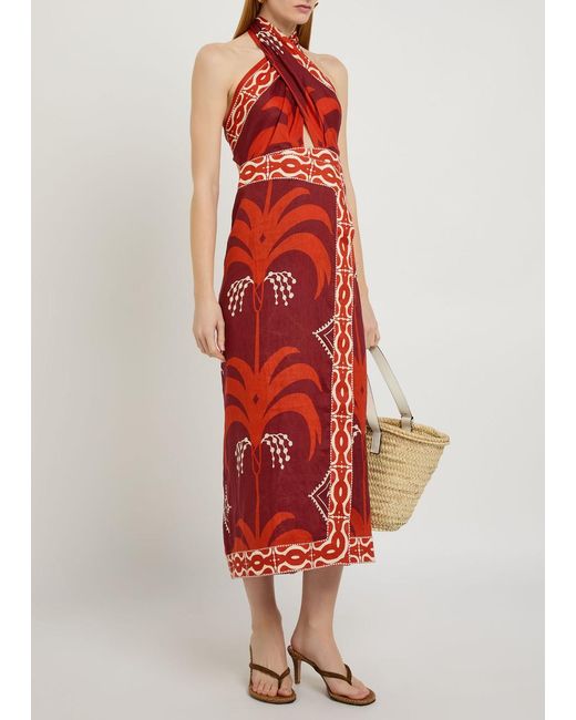Johanna Ortiz Red Buen Viento Halterneck Linen Midi Dress
