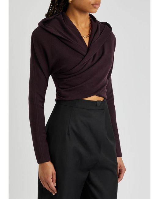 Saint Laurent Black Hooded Cross-over Wool Top
