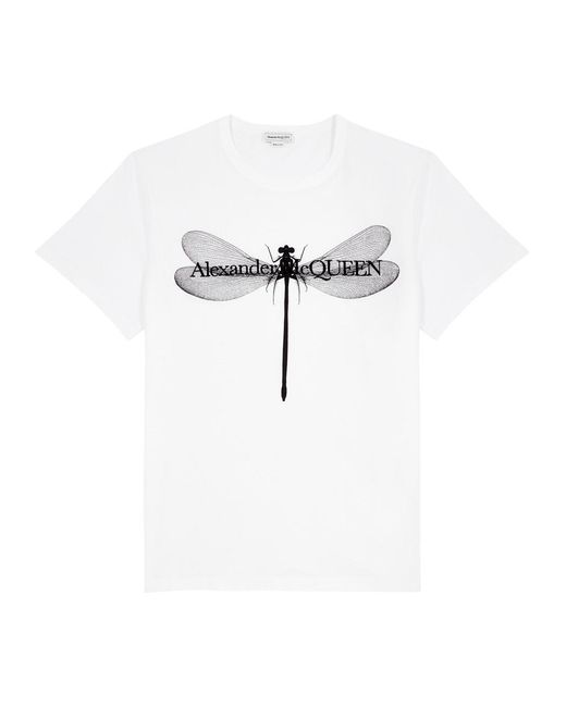 Alexander McQueen White Dragonfly Printed Cotton T-Shirt for men