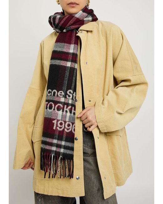 Acne Red Logo-Intarsia Checked Wool-Blend Scarf