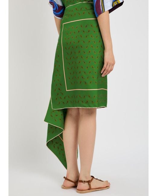 Otzio Green Margot Printed Asymmetric Silk Midi Skirt