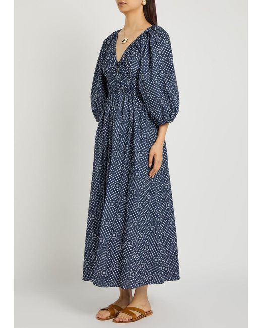 Matteau Blue Printed Cotton-Poplin Midi Dress