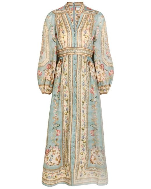 Zimmermann Natural Roselight Printed Plunge Linen Midi Dress
