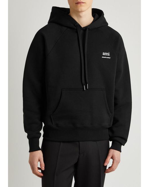 AMI Black Logo Hooded Stretch-Cotton Sweatshirt for men