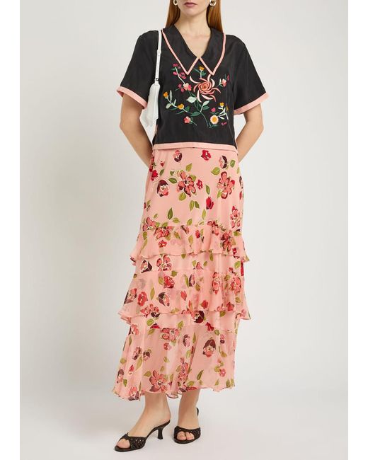 Rixo Blue Nicolina Floral-Embroidered Silk Top