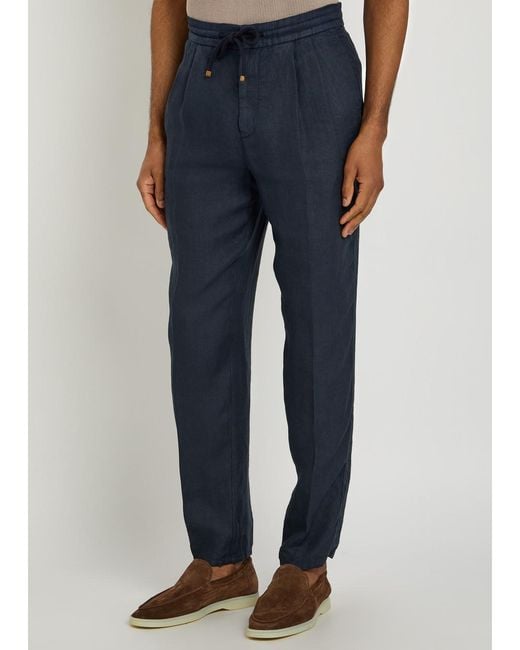 Brunello Cucinelli Blue Drawstring Tapered-Leg Linen Trousers for men