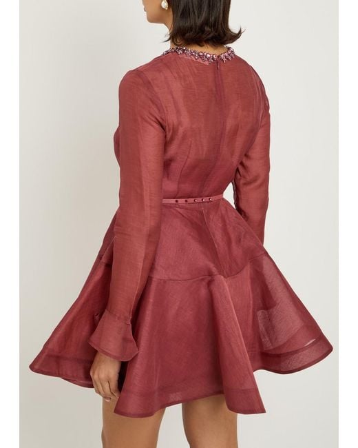 Zimmermann Red Alchemy Belted Linen-Blend Mini Dress