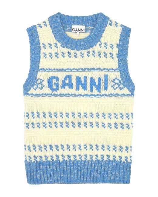 Ganni Blue Logo-Intarsia Wool Vest