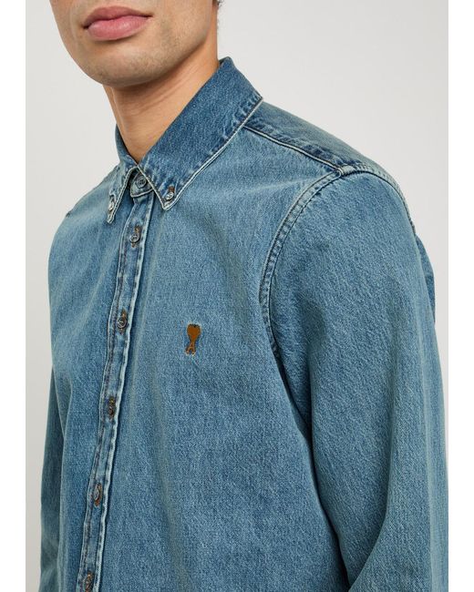 AMI Blue Logo-Embroidered Denim Shirt for men
