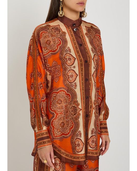 Zimmermann Orange Mohon Printed Silk Shirt