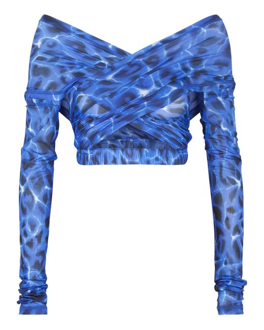 KNWLS Blue Anti Cross Over Printed Stretch-tulle Top