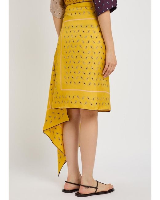 Otzio Yellow Margot Printed Asymmetric Silk Midi Skirt