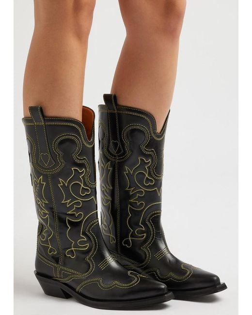 Ganni Black Embroidered Leather Cowboy Boots