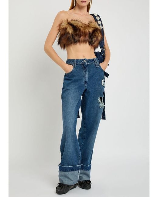 Simone Rocha Blue Distressed Embellished Straight-Leg Jeans