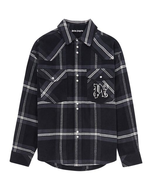 Palm Angels Blue Checked Logo Flannel Overshirt for men