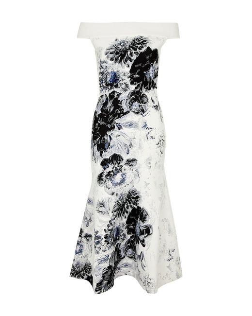 Alexander McQueen White Floral-Intarsia Knitted Midi Dress