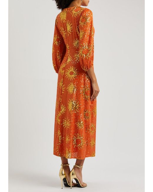 Farm Rio Orange Sunny Mood Sequin-embellished Midi Dress