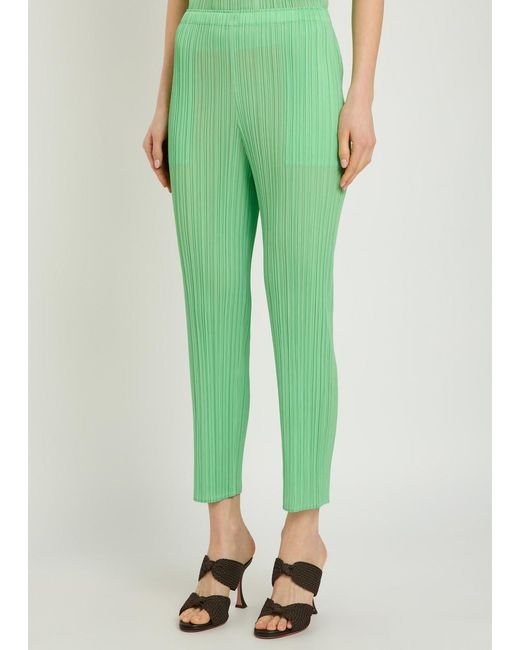 Pleats Please Issey Miyake Green Pleated Tapered-Leg Woven Trousers