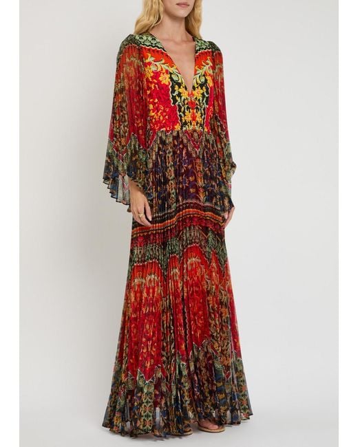 Alice + Olivia Red Bennett Floral-Print Pleated Chiffon Maxi Dress
