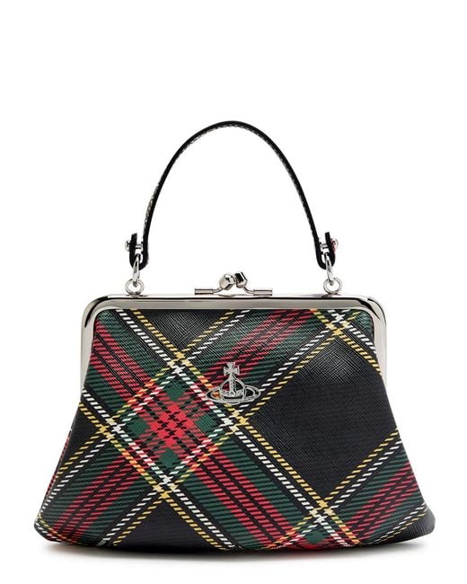 Vivienne Westwood Black Granny Frame Tartan Faux Leather Top Handle Bag