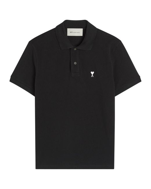 AMI Black Logo-Embroidered Piqué Cotton Polo Shirt for men