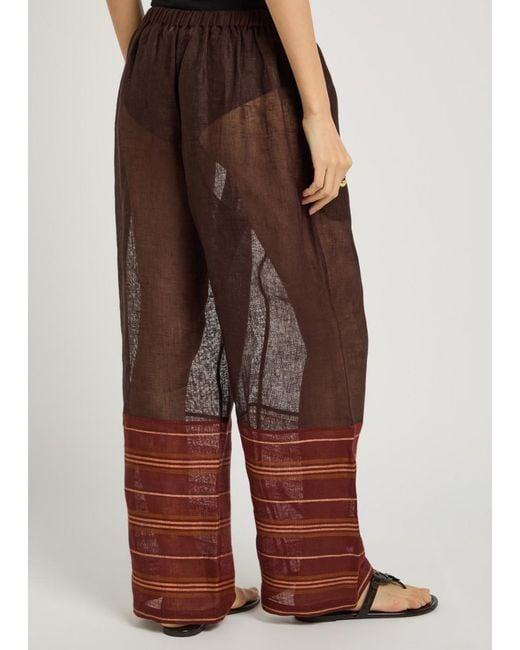 Tory Burch Brown Stripe-Trimmed Semi-Sheer Linen Trousers