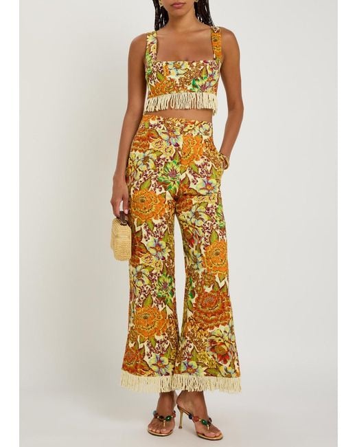 ALÉMAIS Metallic Lana Floral-Print Fringed Linen Crop Top