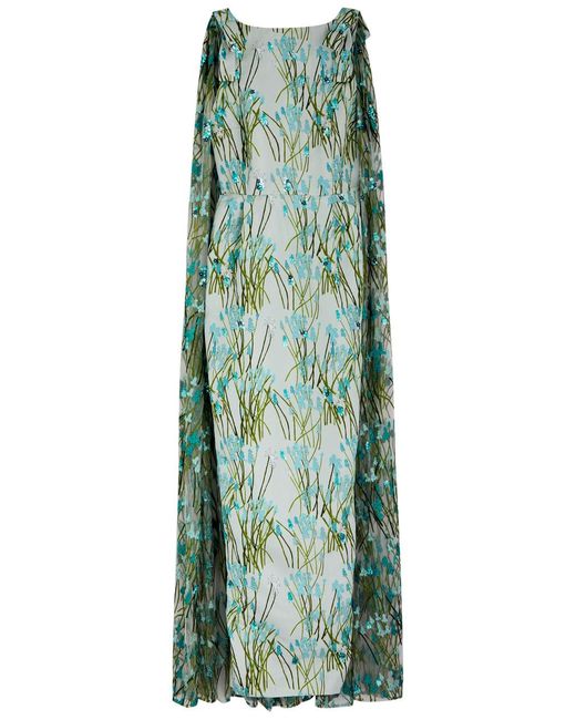 BERNADETTE Green Charlene Floral-Print Cape Maxi Dress