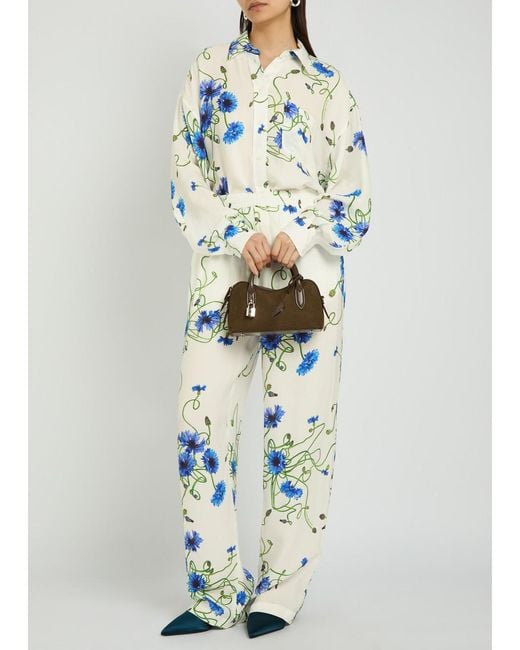 Stella McCartney White Floral Print Straight-Leg Textured Satin Trousers