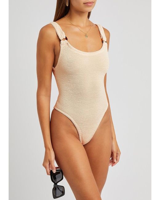 Hunza G Natural Domino Seersucker Swimsuit, Scoop-Neck, Hand Wash, Domino Swimsuit