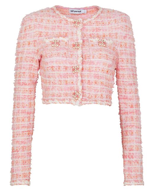 Self-Portrait Pink Checked Bouclé Knitted Cardigan