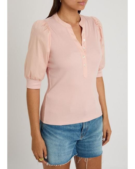 Veronica Beard Pink Coralee Ribbed Stretch-Cotton Top