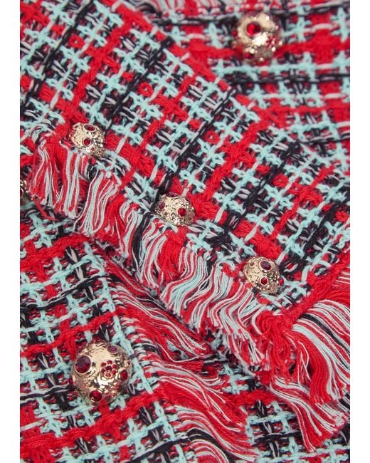 Self-Portrait Red Checked-Knit Cotton-Blend Jacket
