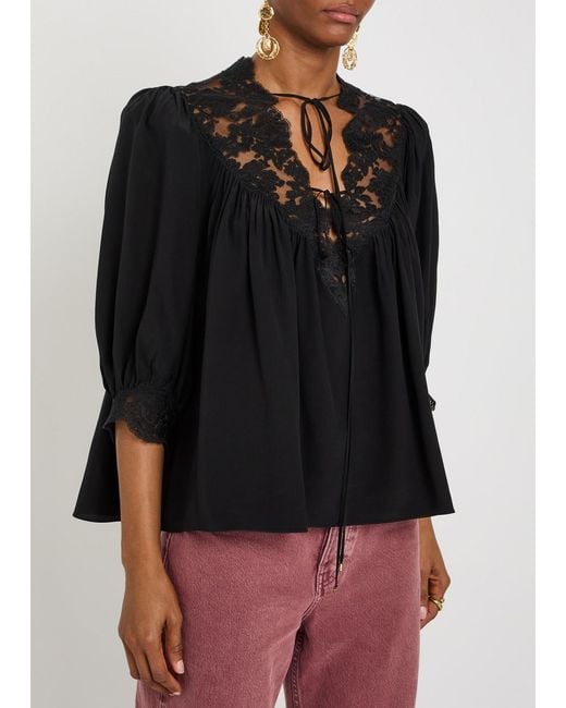Chloé Black Lace-Trimmed Silk Blouse