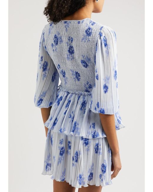 Ganni Blue Floral-Print Plissé Georgette Mini Dress