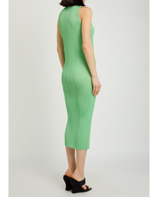 Issey Miyake Green Pleated Woven Midi Dress
