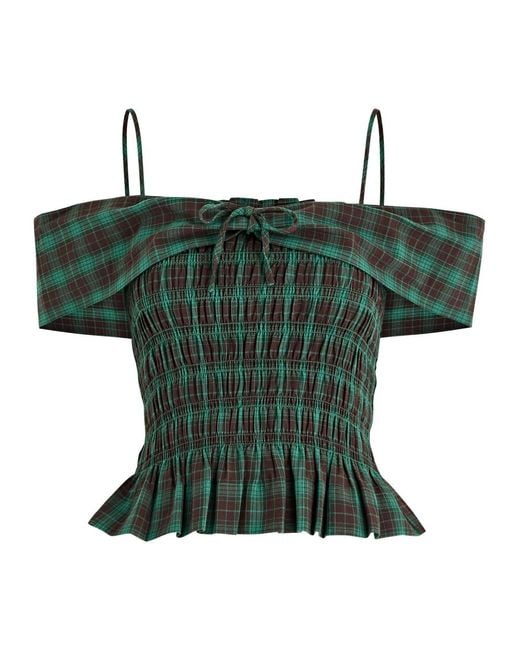green gingham elsa smock midi dress Damson Madder Elsa Smocked Checked Cotton Top in Green