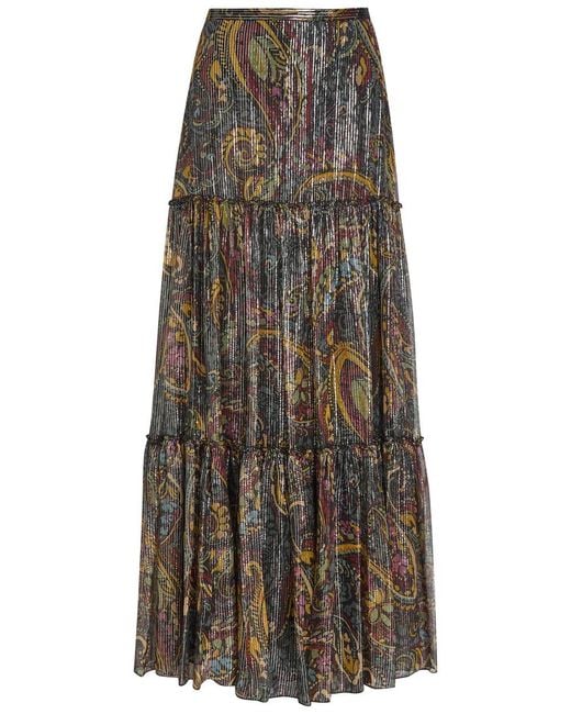 Etro Multicolor Printed Tiered Metallic Silk Midi Skirt