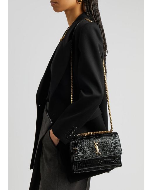 Saint Laurent Black Sunset Medium Crocodile-effect Shoulder Bag