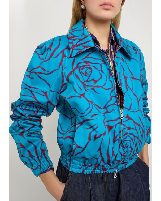 Dries Van Noten Blue Viinnia Floral Print Reversible Cotton Bomber Jacket